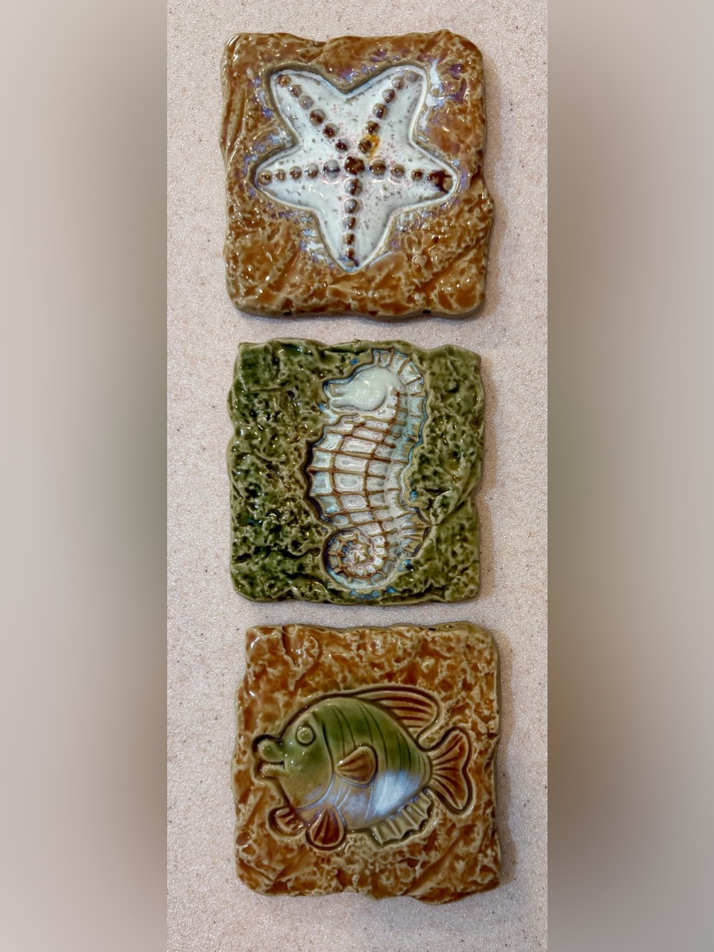 Coastal Ceramic Wall Hanging Tiles Set of 3 - Green and Brown Sea Life Nautical